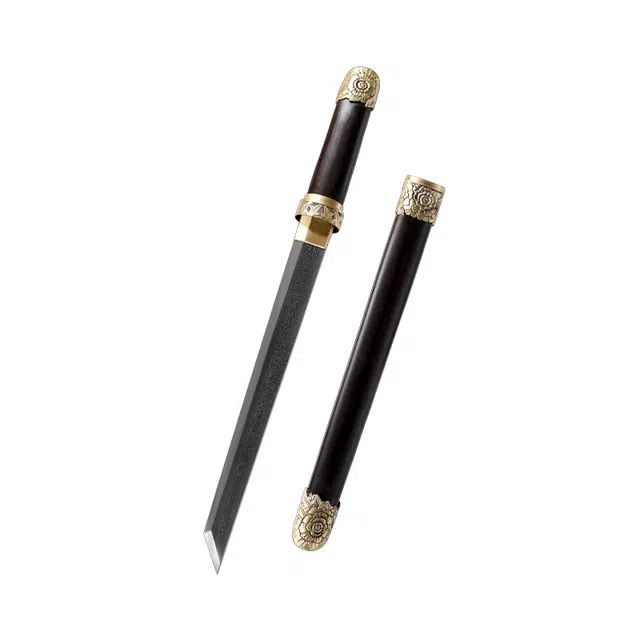 天子剑 君子短兵黑檀木 实木鞘黄铜篆刻装饰 百炼花纹钢刀身未开刃 摆件 收藏工艺品 成品模型