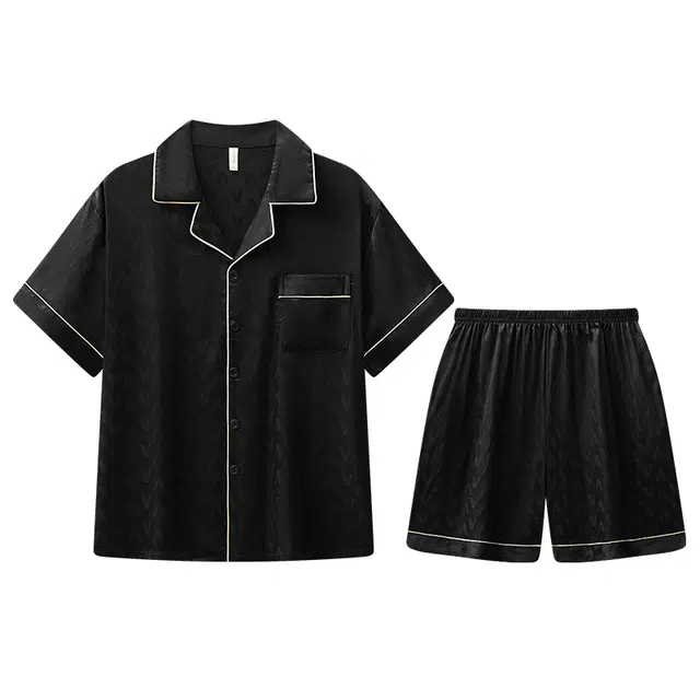 兰缪 夏季冰丝短袖时尚休闲短裤睡衣套装 男款 黑色