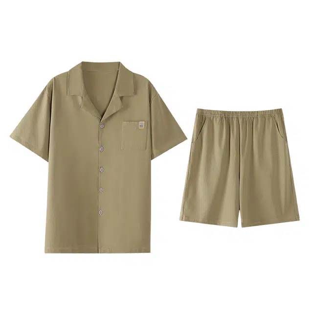俏薇妮 凉感棉简约短袖家居服纯色翻领开衫可外穿舒适透气睡衣套装 男款 卡其色