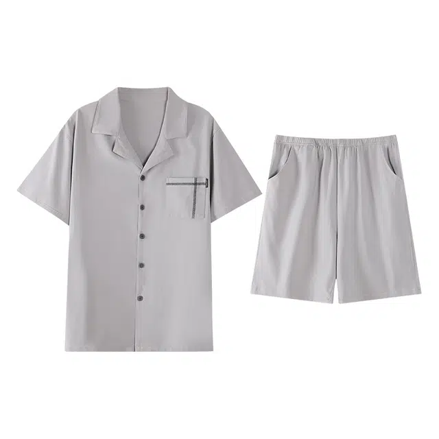 俏薇妮 简约凉感棉高级感休闲开衫家居服翻领宽松舒适透气可外穿睡衣套装 男款 浅灰色