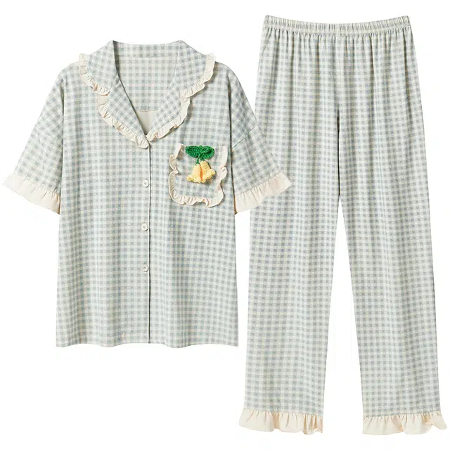 贴身领域 法式带口袋弹力休闲舒适短袖长裤可外穿家居服睡衣套装 女款 图色