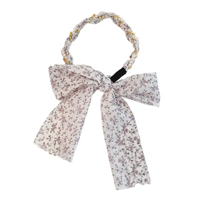 妖娆猫 甜美小清新法式珍珠碎花绑发一体系飘带薄款编发 合金 发箍 女款