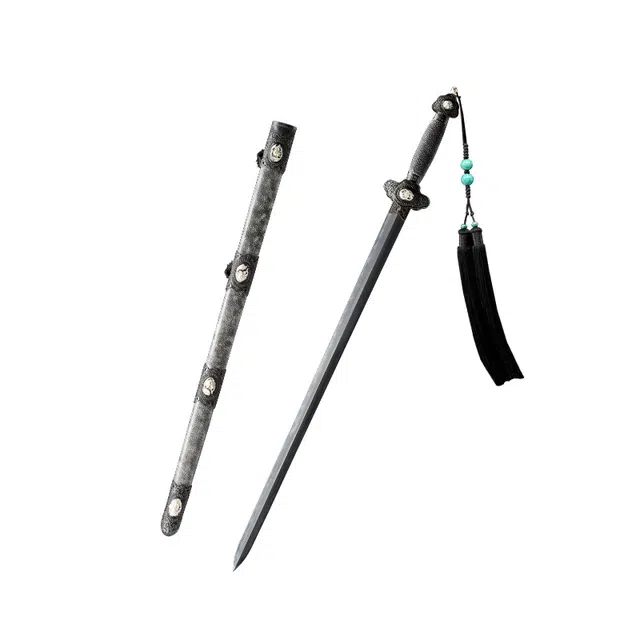 天子剑 君子牡丹清剑 蒸煮鱼皮外鞘 黄铜 鎏金 银 三色装饰 百炼花纹钢剑身未开刃 摆件收藏工艺品 成品模型