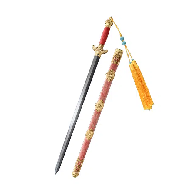 天子剑 康熙佩剑 珍珠鱼皮外鞘黄铜镂空鎏金装饰百炼花纹钢覆土烧剑身 未开刃 成品模型