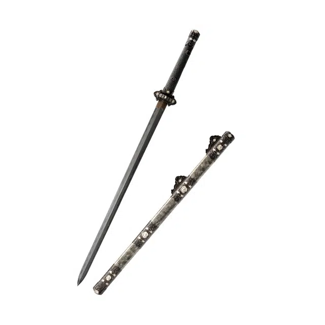 天子剑 三清牡丹剑 珍珠鱼皮外鞘 黄铜鎏金银三色装饰 百炼花纹钢覆土烧未开刃宝剑 工艺品 成品模型