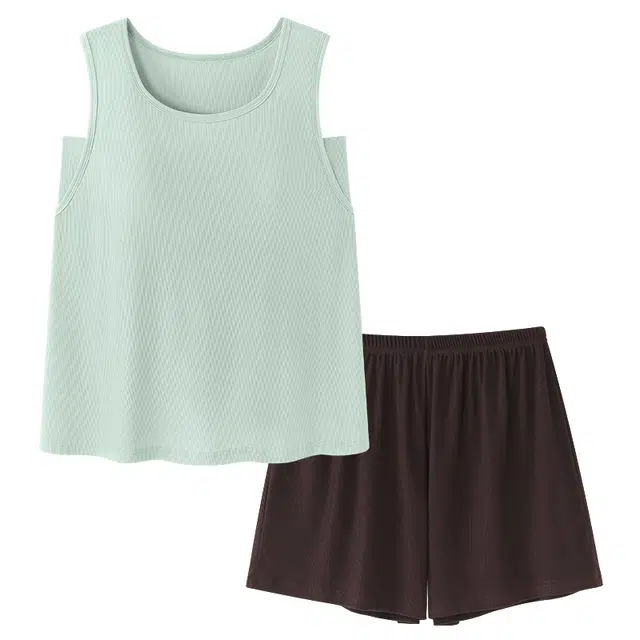 莫代尔 舒适透气凉感带胸垫衣口防走光设计亲肤背心松紧裤腰不勒腹短裤居家休闲可外穿睡衣套装 女款 灰青色