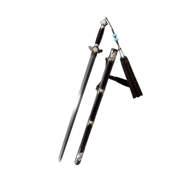 天子剑 牡丹佩剑 黑檀木鞘黄铜鎏金银三色装饰百炼花纹钢覆土烧剑身未开刃摆件工艺品 成品模型