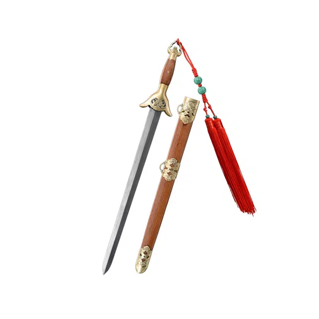 天子剑 燕翔剑 红酸枝木鞘 黄铜装饰 百炼花纹钢四面 剑身未开刃 宝剑收藏工艺品 成品模型