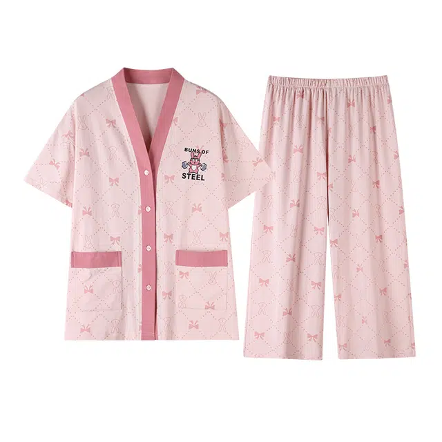 帕兰朵 简约甜美亲肤舒适开衫短袖休闲可外穿七分裤睡衣套装 女款