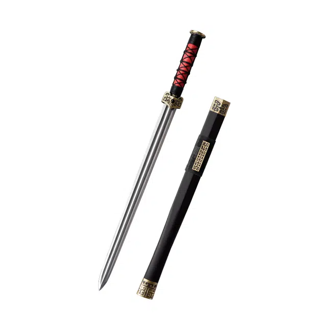 天子剑 黑石赵云剑 黑檀木鞘 黄铜镶石篆刻装饰 百炼花纹钢双槽剑身未开刃宝剑 收藏 工艺品 成品模型