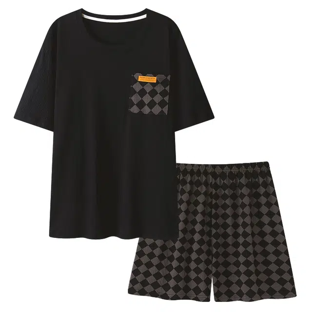 莫代尔 男士透气凉感舒适柔软短袖上衣格子松紧腰不勒腹三分裤可居家休闲可外穿睡衣套装 男款 黑色