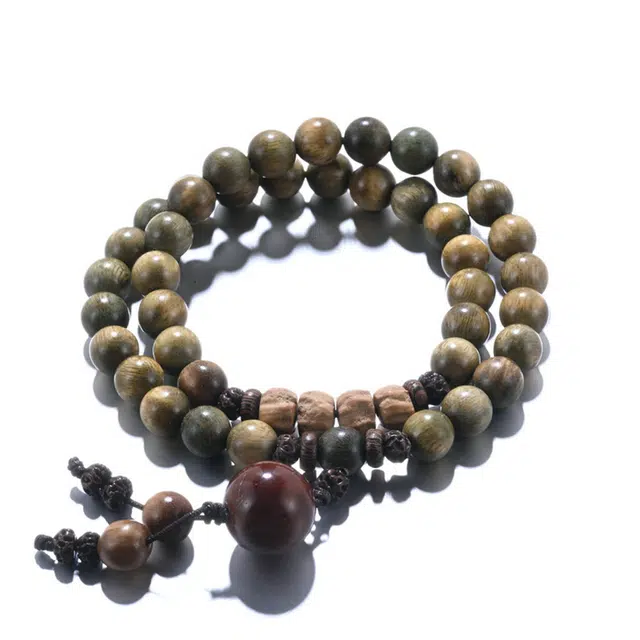 凯真 国潮传统小众设计感平安转运珠两圈叠戴国风文玩佛珠手持念珠 木作檀木 手串 男女同款情侣款 绿檀