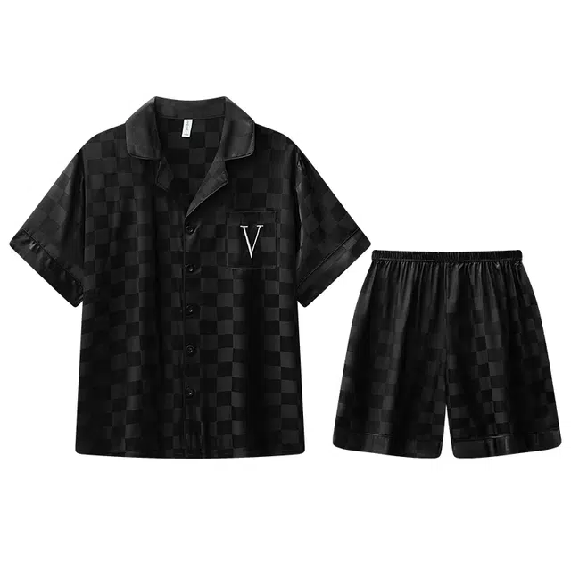 兰缪 翻领休闲短袖松紧腰短裤睡衣套装 男款 黑色