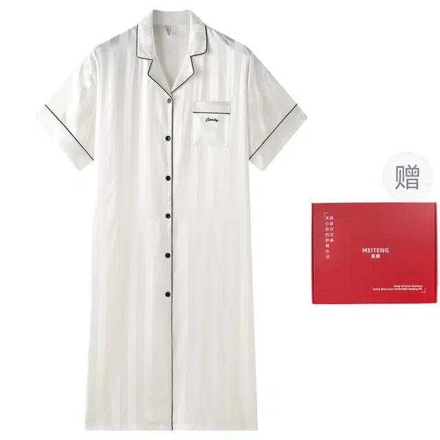 美腾 可外穿家居服舒适翻领薄款简约冰丝短袖睡裙 夏季 女款 白色 礼盒款