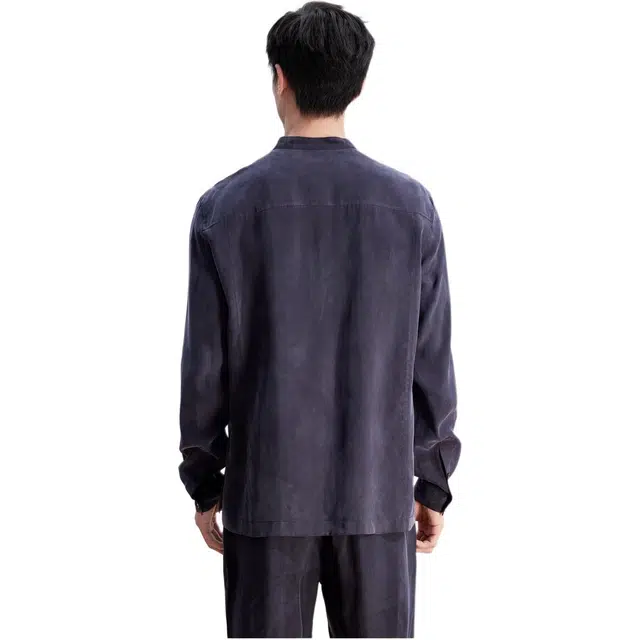 依文 纯色立领商务休闲修身长袖衬衫 男款 藏蓝色