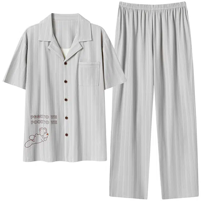 贴身领域 卡通熊印花短袖条纹长裤带口袋薄款休闲可外穿家居服睡衣套装 男款 灰色