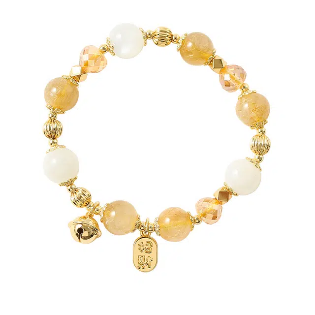 万娜 一步一响铃铛 招财纳福牌 合金 发晶 水晶 手链 女款