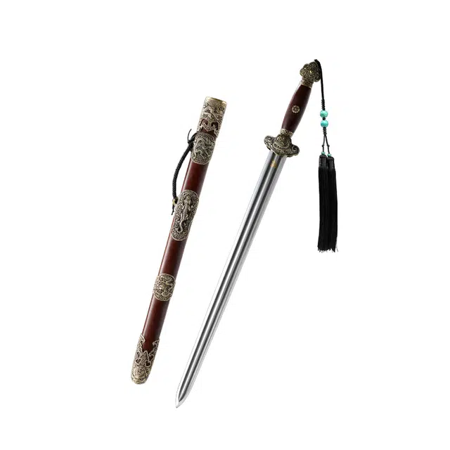 天子剑 清龙泉剑 老越红酸枝木鞘 黄铜镂空装饰 百炼花纹钢覆土烧剑身未开刃 摆件工艺品 成品模型