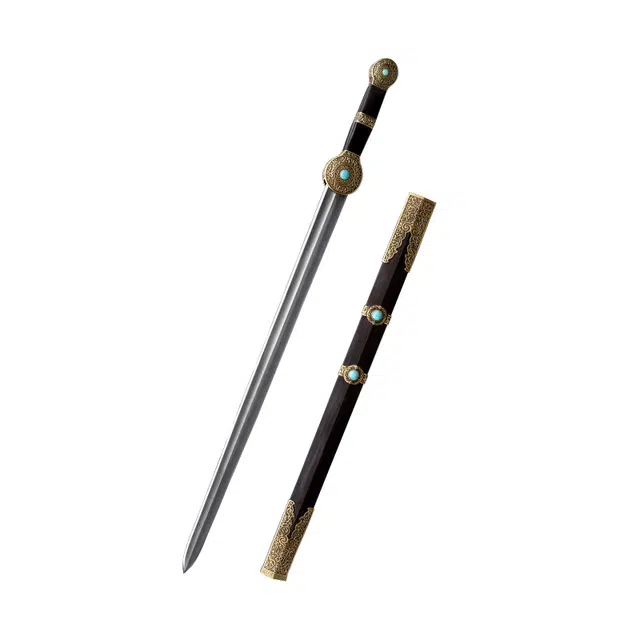 天子剑 天星轩辕剑 黑檀木鞘黄铜精雕装饰百炼花纹钢扭转天星纹覆土烧刃剑身未开刃 成品模型