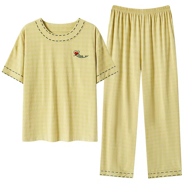贴身领域 爱心印花圆领短袖格子长裤薄款休闲可外穿家居服睡衣套装 女款 黄色