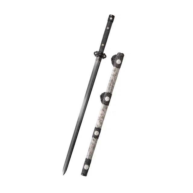 天子剑 四兽唐剑 珍珠鱼皮外鞘黄铜鎏金银三色装饰 百炼花纹钢覆土烧刃剑身未开刃摆件收藏工艺品 成品模型