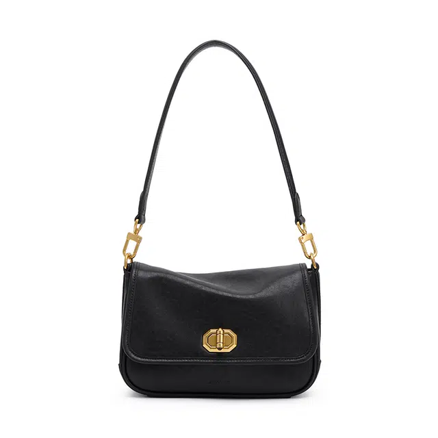 西木汀 沐年 高级感百搭通勤时尚旋扣翻盖包 牛剖层革 小方包腋下包单肩斜挎包 小号 女款 深邃黑/米白色