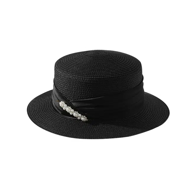 南极人 平顶草帽法式赫本风复古优雅时尚休闲遮阳帽防晒帽子夏季 草编 礼帽 女款