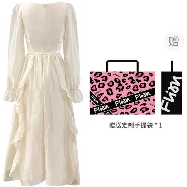 玉儿恋 掌上明珠 法式百搭休闲简约甜美森系仙女荷叶边纯色宽松气质方领收腰温柔仙女中长款长袖连衣裙 女款 杏色