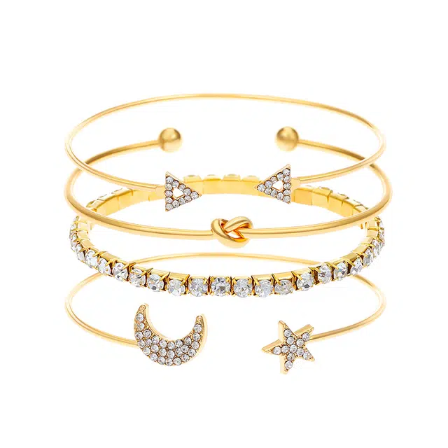 希遇 星星月亮叠戴四件套手镯 简约小众设计开口打结手环 合金 手镯 女款