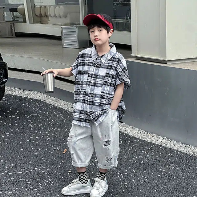 儿童款 熊猫圆圆 男童中大童黑白经典格子流苏短袖衬衫