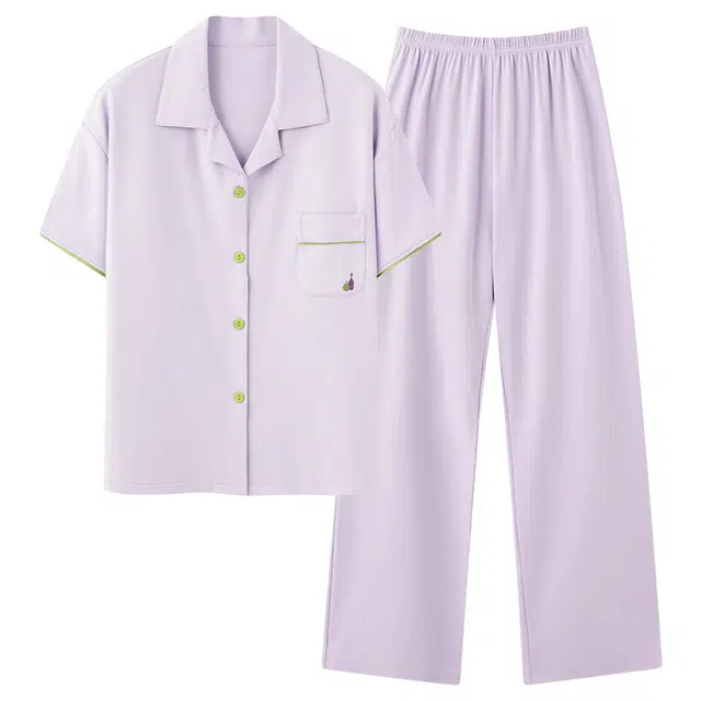 帕兰朵 带胸垫短袖长裤两件纯色宽松家居服高级感睡衣套装 女款 浅紫色