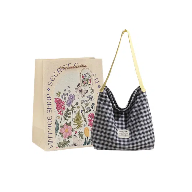 爱尔绅特 休闲简约文艺撞色格子大容量轻便携带购物袋学生可爱出街 帆布 帆布包单肩包 女款 深蓝/浅粉/浅蓝/咖啡