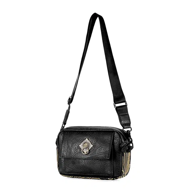 初弎 国风元素狮子头云纹花生纹刺绣街头潮流休闲百搭小方包通勤包斜挎包骑行包单肩包 男女同款