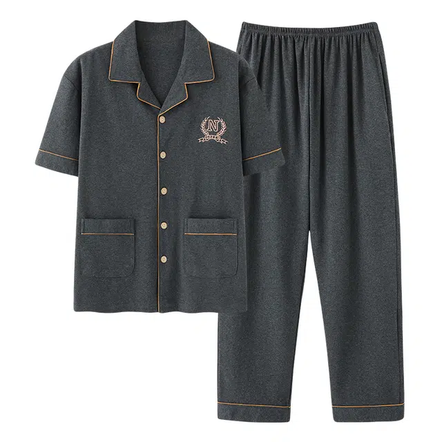 睦隆世家 绣花休闲居家可外穿简约薄款短袖长裤夏季睡衣套装 男款 深花灰