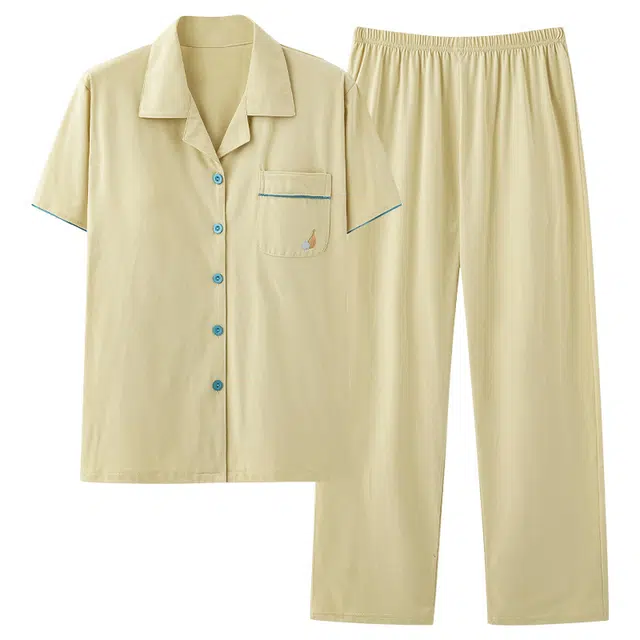 帕兰朵 简约时尚宽松家居纯色带胸垫翻领短袖上衣长裤睡衣套装 女款 香槟色
