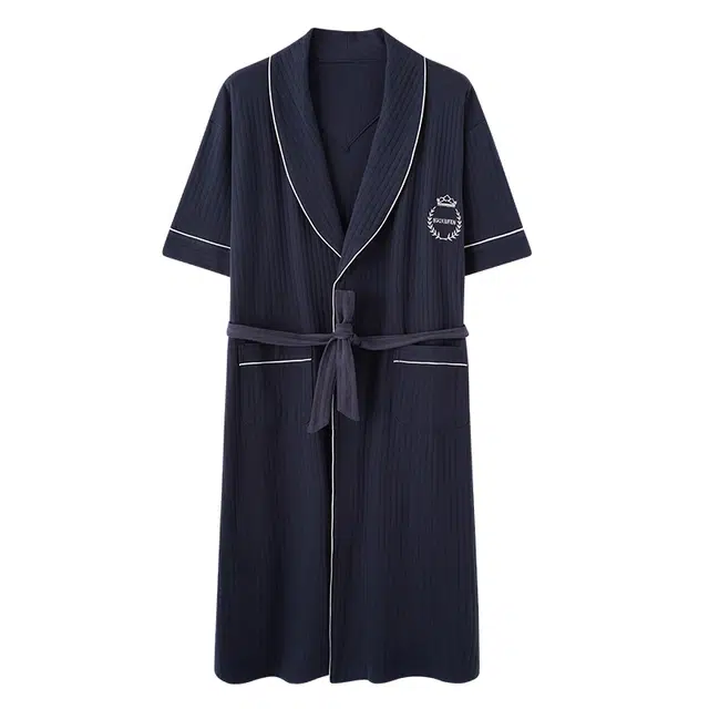 睦隆世家 薄款时尚简约经典双口袋男士短袖睡衣可外穿睡袍/浴袍 男款 藏青色