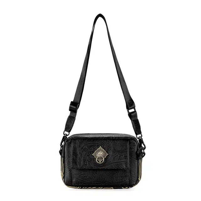 初弎 中国风元素狮子头小方包 街头潮流单肩斜挎包 刺绣百搭通勤小包斜挎包单肩包 男女同款 黑色