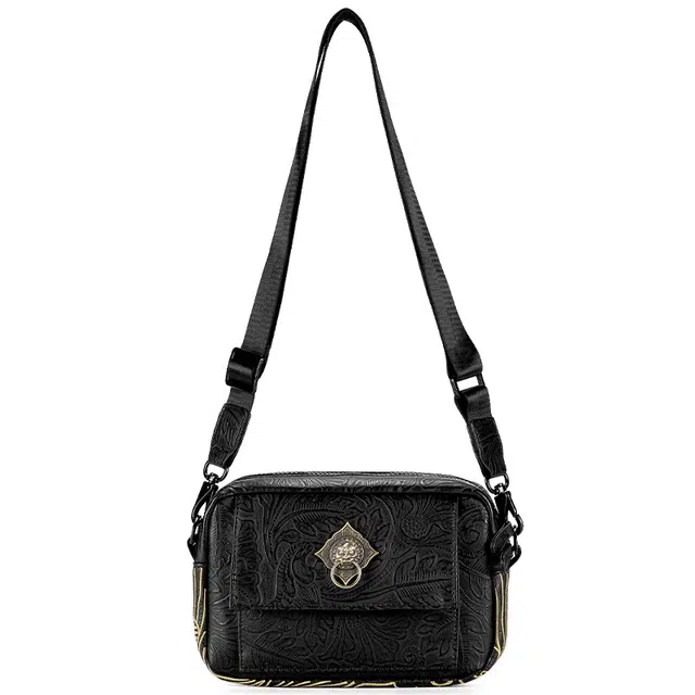 初弎 中国风元素狮子头小方包 街头潮流单肩斜挎包 刺绣百搭通勤小包斜挎包单肩包 男女同款 黑色