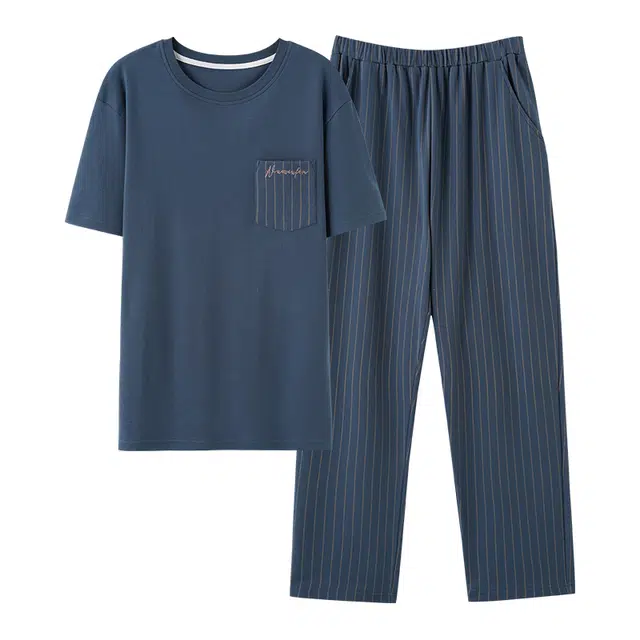 睦隆世家 简约时尚轻薄透气亲肤舒适短袖休闲经典可外穿条纹长裤夏季睡衣套装 男款 藏青色