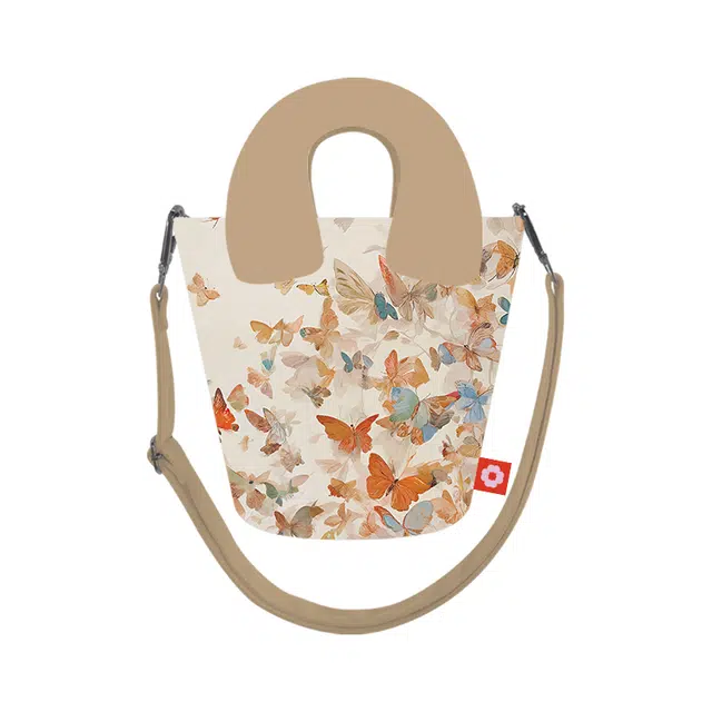 完美款款国潮艺术水墨蝴蝶花朵文艺少女百搭单肩包布包马蹄水桶包斜挎包