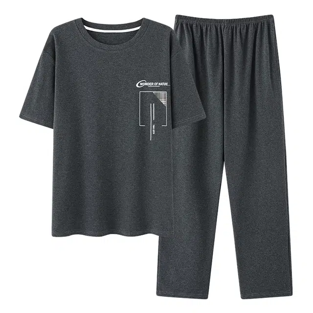 睦隆世家 时尚纯色轻薄透气亲肤居家圆领短袖松紧腰长裤休闲可外穿经典睡衣套装 男款 花灰
