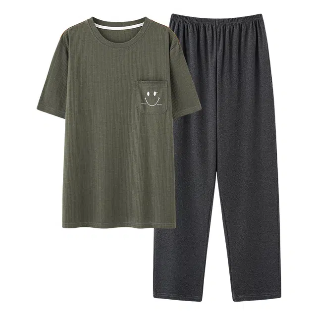 睦隆世家 简约亲肤舒适时尚纯色轻薄透气短袖休闲经典可外穿长裤睡衣套装 男款 橄榄绿