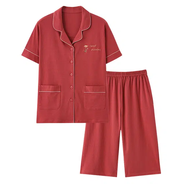 睦隆世家 纯色开衫短袖七分裤轻薄透气舒适亲肤少女可外穿睡衣套装 女款 红色