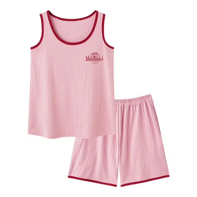 睦隆世家 简约纯色轻薄透气小清新无袖上衣三分裤舒适亲肤可外穿夏季睡衣套装 女款 粉红色