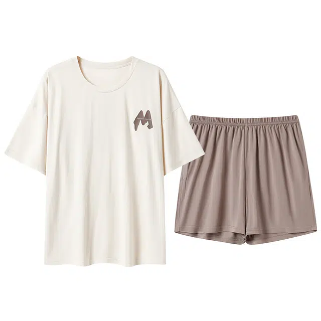 贴身领域 圆领字母印花自带胸垫可外穿休闲短袖松紧腰三分裤睡衣套装 女款 杏色