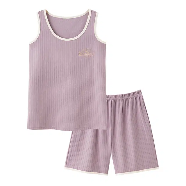 睦隆世家 简约素色轻薄透气小清新宽松背心三分短裤舒适亲肤可外穿少女睡衣套装 女款 浅紫色