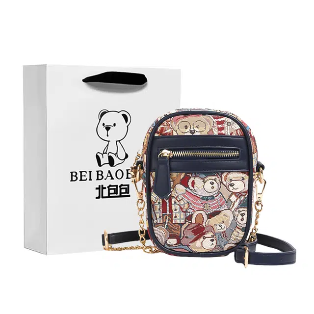 北包包 帆布手机包女斜挎小包卡通小熊可爱迷你链条包 布 帆布包单肩包 常规 女款 蓝色/粉色/棕色