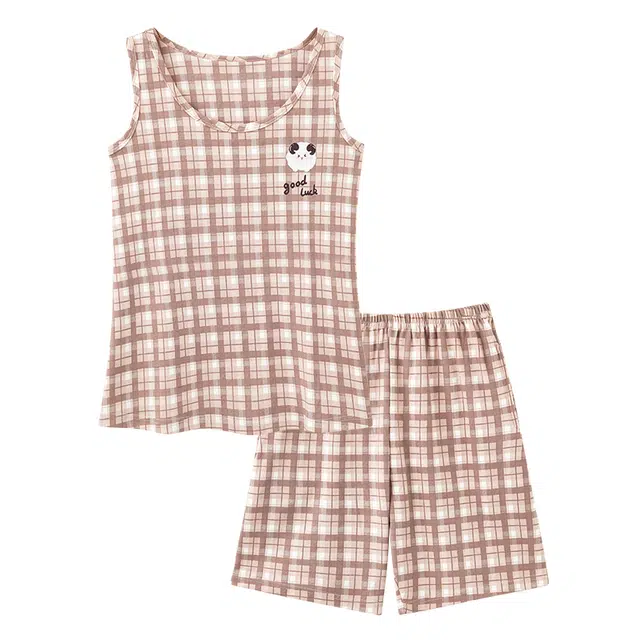睦隆世家 简约轻薄透气格纹小清新无袖上衣亲肤舒适可外穿三分裤少女夏季睡衣套装 女款 藕色