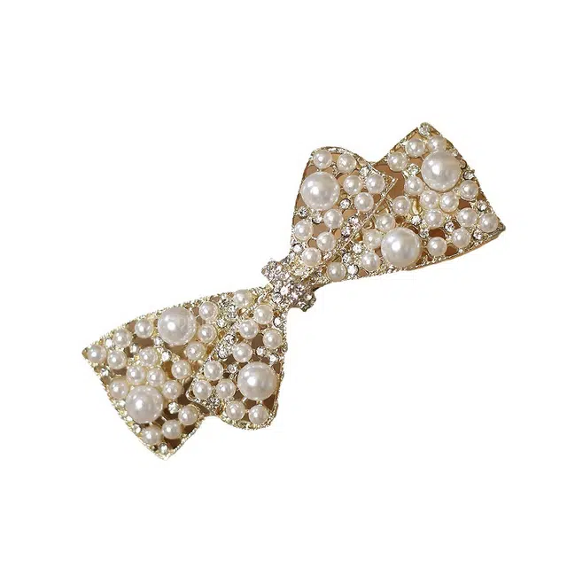 妖娆猫 韩式蝴蝶结半扎发珍珠弹簧夹那网红后脑勺侧边一字夹顶夹横夹扎马尾夹 合金 发夹 女款