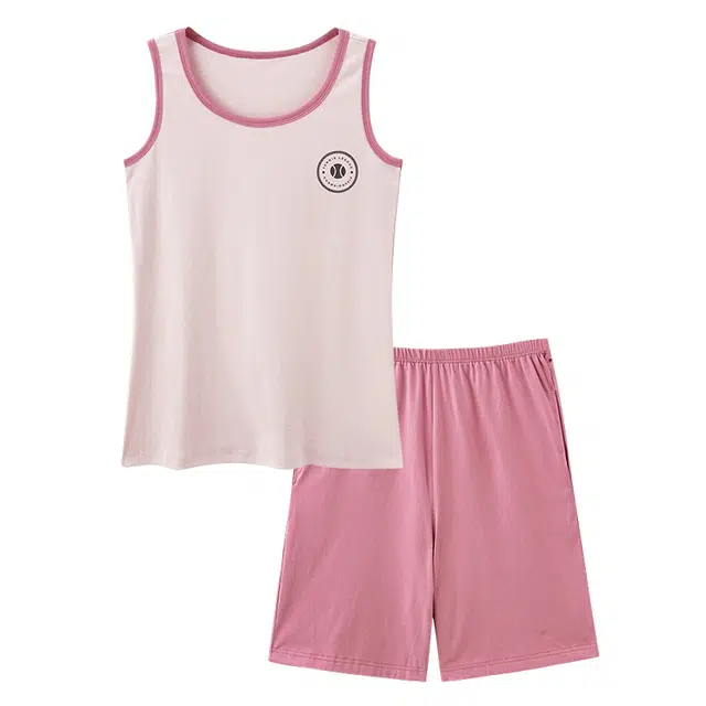 睦隆世家 简约薄款无袖背心三分裤舒适亲肤小清新可外穿少女睡衣套装 女款 藕色